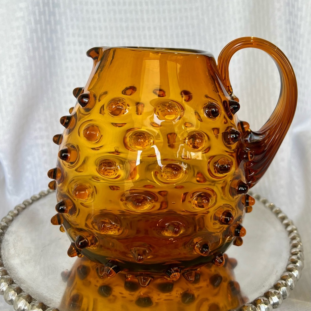 MCM Fenton Hobnail Amber Glass Pitcher Hand Blown and Formed with Ground Pontils